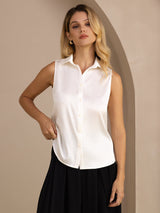 [White] SilkSilky  Sleeveless Lapel Collar Women's Shirts 003