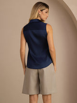 [Dark Blue] SilkSilky  Sleeveless Lapel Collar Women's Shirts 002