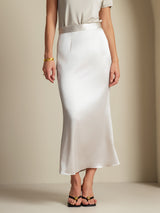 White silk A-line maxi skirt with high waist and side zipper