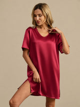 [Dark Red] SilkSilky  Half Sleeve V Neck Nightgown 004
