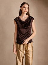 [Bitter Chocolate] SilkSilky  Cap Sleeve Cowl Neck Women's T-Shirt 001