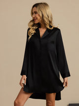 [Black] SilkSilky  Long Sleeve Lapel Collar Nightshirt 005