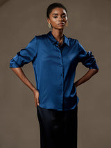 [Teal] SilkSilky  Long Sleeve Lapel Collar Women's Shirts 004