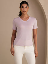 [Lavender] SilkSilky  Short Sleeve V Neck Women's T-Shirt 001