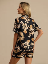 [Black Dragon] SilkSilky  Short Sleeve Lapel Collar Women's Pajamas 002