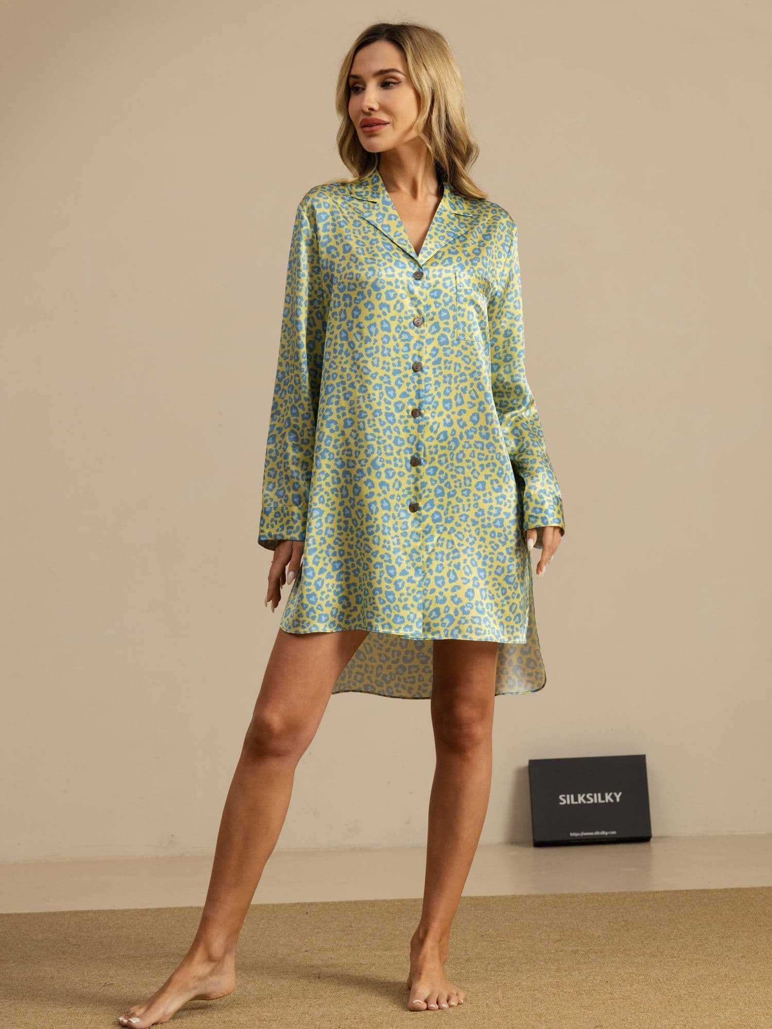 Women’s leopard print silk nightshirt with notch collar, button front, and high-low hem