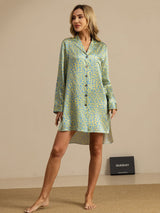 Women’s leopard print silk nightshirt with notch collar, button front, and high-low hem