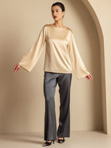 [Champagne] SilkSilky  Long Sleeve Boat Neck Women's Blouse 008