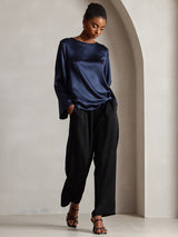 [Dark Blue] SilkSilky  Long Sleeve Boat Neck Women's Blouse 004
