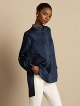 [Dark Blue] SilkSilky  Long Sleeve Stand Collar Women's Blouse 006