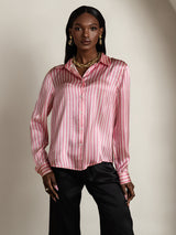 [Pink Stripe] SilkSilky  Long Sleeve Lapel Collar Women's Shirts 004