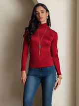 [Wine] SilkSilky  Long Sleeve Turtle Neck Women's T-Shirt 004