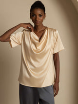 [Champagne] SilkSilky  Short Sleeve Cowl Neck Women's Blouse 005