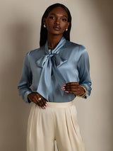 [Grayish Blue] SilkSilky  Long Sleeve Tie Neck Women's Blouse 003