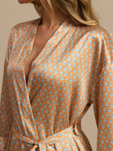Women’s knee length silk kimono robe with heart geo print, belted waist and V-neck