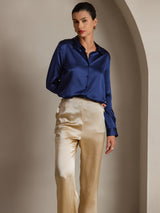 [Dark Blue] SilkSilky  Long Sleeve Lapel Collar Women's Shirts 001
