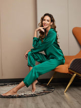[Green] SilkSilky  Long Sleeve Lapel Collar Women's Pajamas 005