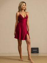 [Wine] SilkSilky  Spaghetti Strap Deep V Neck Nightgown 007