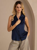[Dark Blue] SilkSilky  Sleeveless Lapel Collar Women's Shirts 005