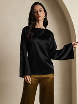 [Black] SilkSilky  Long Sleeve Boat Neck Women's Blouse 001