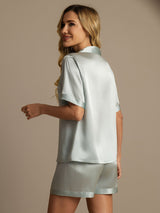 [Light Blue] SilkSilky  Short Sleeve Lapel Collar Women's Pajamas 002