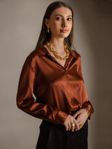 [Caramel] SilkSilky  Long Sleeve Lapel Collar Women's Shirts 004