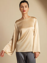 [Champagne] SilkSilky  Long Sleeve Boat Neck Women's Blouse 001