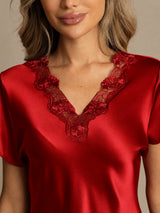 [Dark Red] SilkSilky  Short Sleeve V Neck Nightgown 004