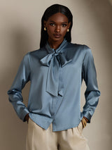 [Grayish Blue] SilkSilky  Long Sleeve Tie Neck Women's Blouse 001