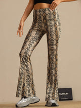 High-waisted snake print silk flare pants with slim fit and full-length legs