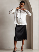 [Light Gray] SilkSilky  Long Sleeve Tie Neck Women's Blouse 005