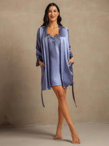 [Steel Blue] SilkSilky  3/4 Sleeve V Neck Nightgown&Robe Set 008