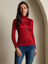 [Wine] SilkSilky  Long Sleeve Turtle Neck Women's T-Shirt 003