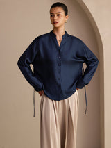 [Dark Blue] SilkSilky  Long Sleeve Split Women's Blouse 001