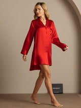 [Red] SilkSilky  Long Sleeve Lapel Collar Nightshirt 004