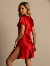 [Dark Red] SilkSilky  Short Sleeve V Neck Nightgown 002