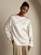 [White] SilkSilky  Long Sleeve Boat Neck Women's Blouse 001
