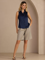 [Dark Blue] SilkSilky  Sleeveless Lapel Collar Women's Shirts 007