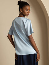 [Grayish Blue] SilkSilky  Short Sleeve Cowl Neck Women's Blouse 002
