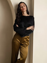 [Black] SilkSilky  Long Sleeve Boat Neck Women's Blouse 005