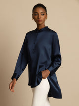 [Dark Blue] SilkSilky  Long Sleeve Stand Collar Women's Blouse 005