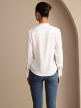 [White] SilkSilky  Long Sleeve Tie Neck Women's Blouse 002