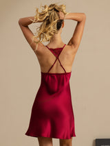 [Wine] SilkSilky  Spaghetti Strap Deep V Neck Nightgown 002