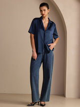 [Dark Blue] SilkSilky  Short Sleeve Lapel Collar Women's Shirts 007