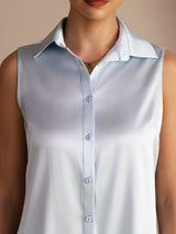 [Light Blue] SilkSilky  Sleeveless Lapel Collar Women's Shirts 004