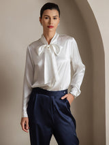 [White] SilkSilky  Long Sleeve Tie Neck Women's Blouse 007