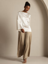 [White] SilkSilky  Long Sleeve Boat Neck Women's Blouse 008