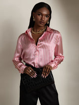 [Pink Stripe] SilkSilky  Long Sleeve Lapel Collar Women's Shirts 006