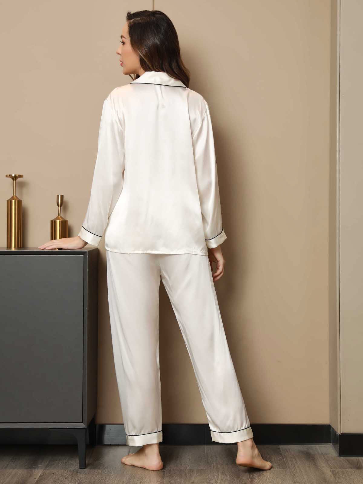 [White] SilkSilky  Long Sleeve Lapel Collar Women's Pajamas 002