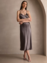 [Dark Khaki] SilkSilky  Spaghetti Strap V Neck Dress 005